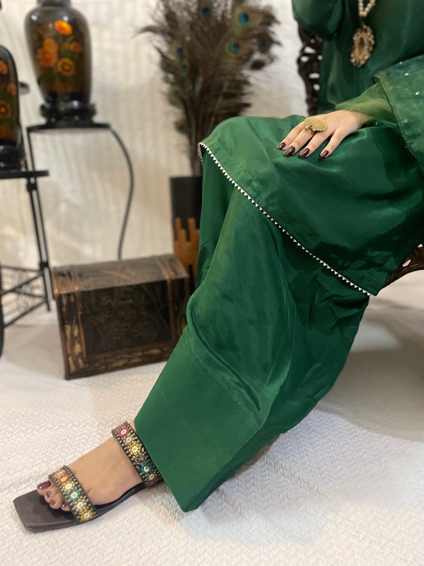 Zareen – Classic Green Silk Set with Farshi Silhouette