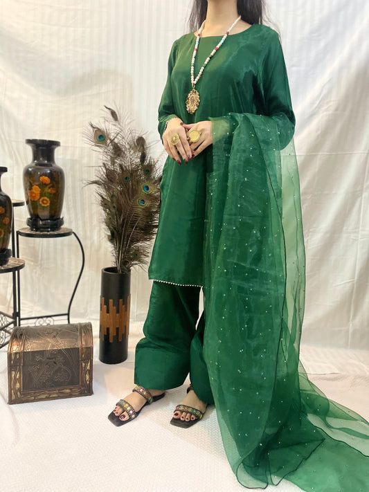 Zareen – Classic Green Silk Set with Farshi Silhouette