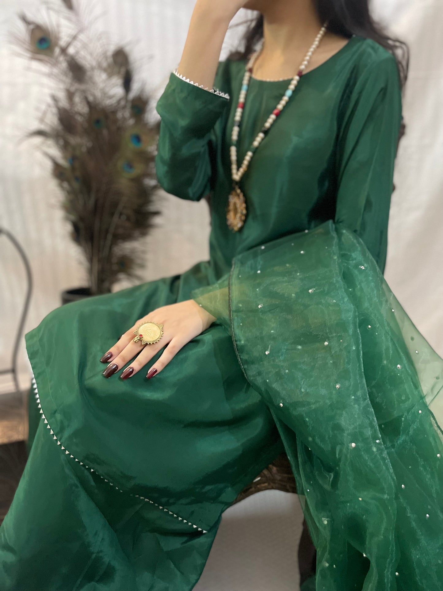 Zareen – Classic Green Silk Set with Farshi Silhouette